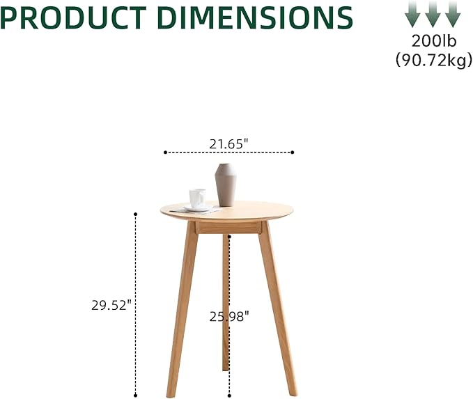 100% Solid Oak Small Tall Side Table, Mid Century Modern Coffee Table for Small Spaces, Living Room End Table with Stable Frame for Bedroom Couch, (Natural, 21.65" D x 21.65" W x 29.53" H)-CasaMuseHome