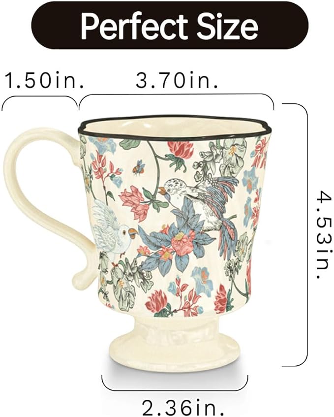 360ml -12.17oz Painted Floral & Bird Ceramic Mug - Cute Coffee Cup for Latte, Espresso - Gift for Women, Dishwasher Safe-CasaMuseHome