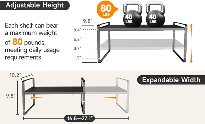 16.5~27.1" Expandable Shelf Organizer, 2Pack 8.1" Wide Stackable Cabinet Shelf Organizers, Black Metal Sturdy Kitchen Counter Storage for Countertop, Adjustable Height Spice Rack-CasaMuseHome