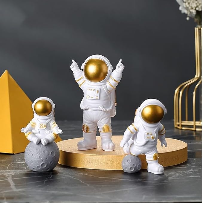 4 Pcs Gold White Astronaut Statues Set, Spaceman Sculpture Figurines Home Ornament Cake Toppers Gift-CasaMuseHome