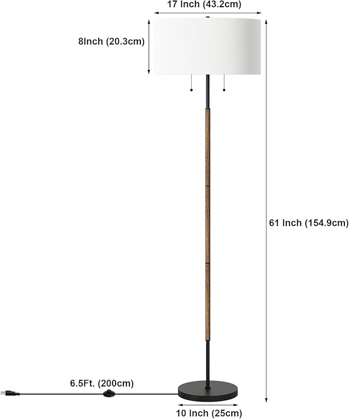 2-Light Floor Lamp, Mid Century Floor Lamp with White Fabric Shade, Standing Lamp Tall Lamp for Living Room Bedroom, 3 Color Temperatures 9W Bulb Include-CasaMuseHome