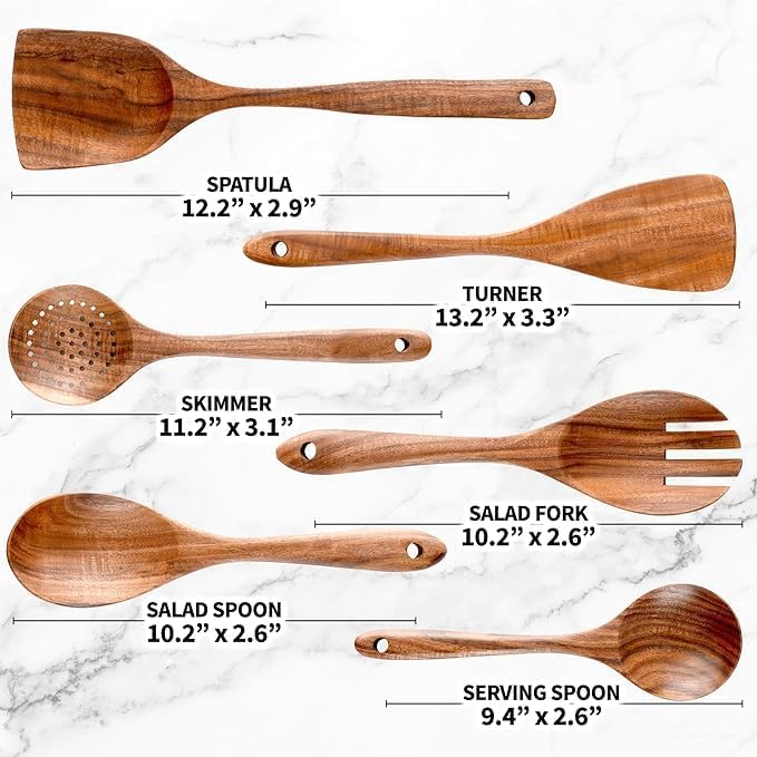 9 Piece Natural Teak Wooden Kitchen Utensil Set with Spoon Rest - Comfort Grip Cooking Spoons and Utensils Holder-CasaMuseHome