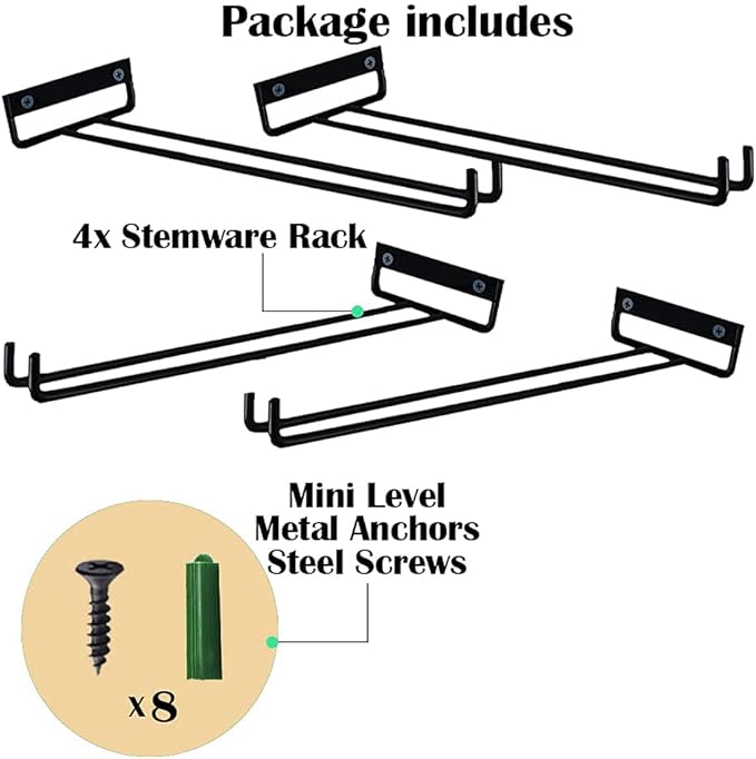 4 Packs 12 Inch Wine Glass Racks Cup Wall Mounted Stemware Hanging Wine Glasses Holder Under Cabinet Wire Wine Decor Racks-CasaMuseHome
