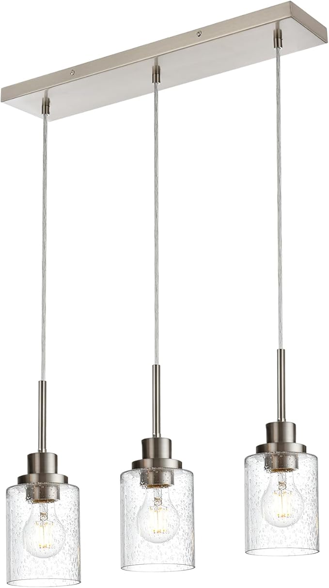 3-Light Farmhouse Chandelier Light Fixture Brushed Nickel Clear Seeded Glass Dining Room Hanging Modern Pendant Lighting Over Table,Traditional Ceiling Lights for Kitchen Island Entryway-CasaMuseHome