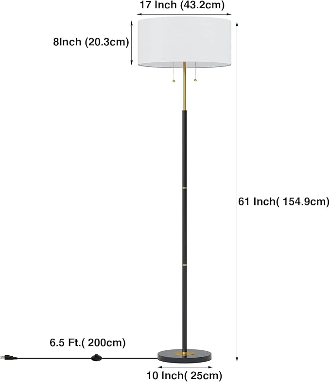 2-Light Floor Lamp, Mid Century Floor Lamp with White Fabric Shade, Standing Lamp Tall Lamp for Living Room Bedroom, 3 Color Temperatures 9W Bulb Include-CasaMuseHome