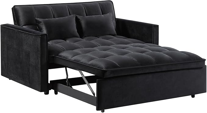 3 in 1 Convertible Sleeper Sofa Bed,Futon Loveseat Couch with Pull-Out Bed & Adjustable Backrest,Velvet Fabric Sofa with Side Pocket for Small Apartment, Living Room, Office (Black)-CasaMuseHome