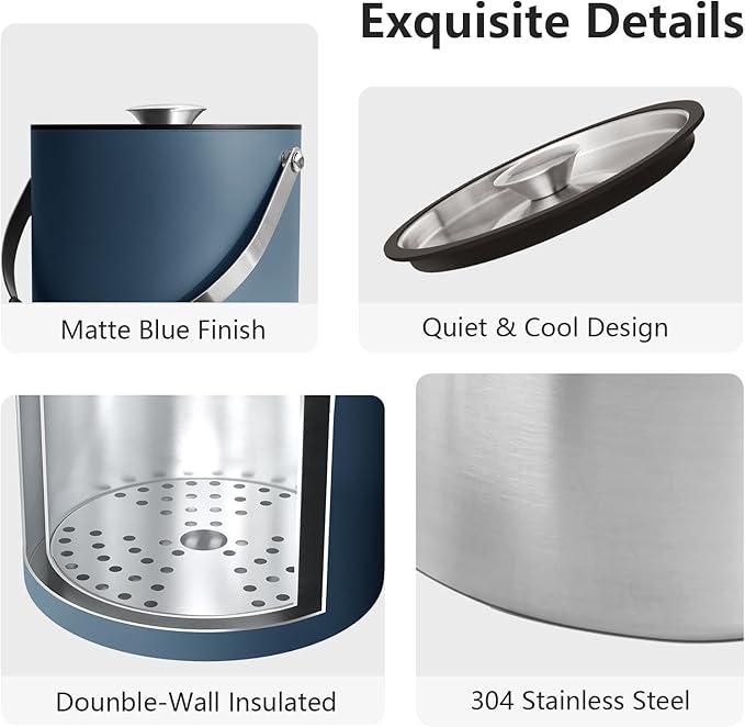 3L Ice Bucket with Silicone Lid, Scoop, Tongs & Strainer, Stainless Steel Double Wall Insulated Ice Buckets for Parties & Cocktail Bar, Outdoor Champagne Ice Container Bin, Navy-CasaMuseHome