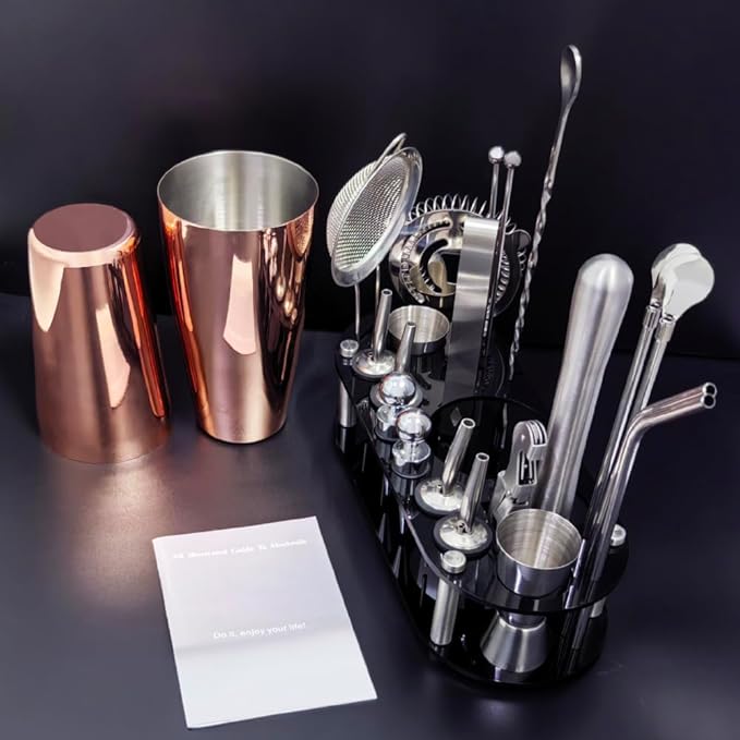 22-Piece Cocktail Shaker Set, 25/20oz Bartender Kit, Bartending Stainless Steel Bar Tools Sets for Drink Mixing, Boston Cocktail Shakers with Stand Recipes Booklet (Rose Gold-25-20oz)-CasaMuseHome