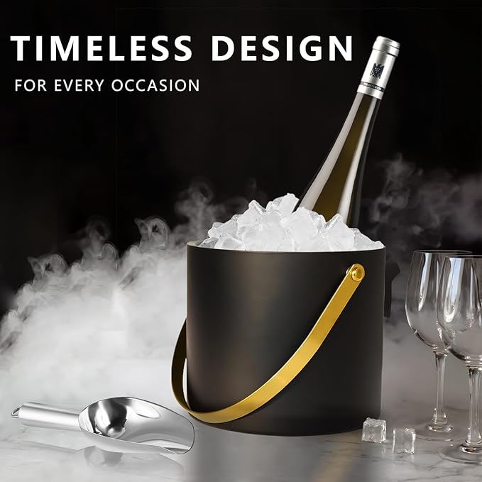 2L Ice Bucket with Silicone Lid, Scoop, Gold Tongs & Strainer, Stainless Steel Double Wall Insulated Ice Buckets for Parties & Cocktail Bar Outdoor Champagne Ice Container Bin, Black-CasaMuseHome