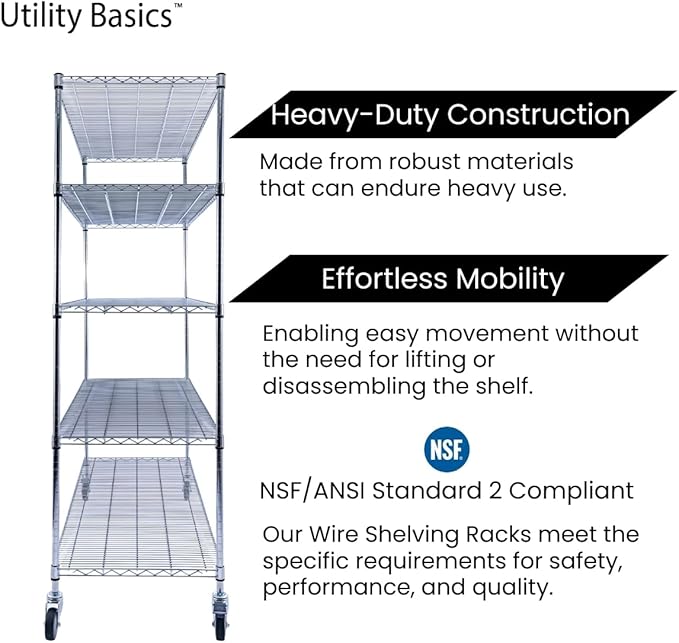 60"x24"x72" Chrome 5-Tier PREMIUM Wire Shelving NSF 4000 LBS MAX CAPACITY Heavy Duty Steel Storage Rack for Warehouses, Garages, Hospitals, Commercial Spaces, & Schools w/PREMIUM WHEELS-CasaMuseHome
