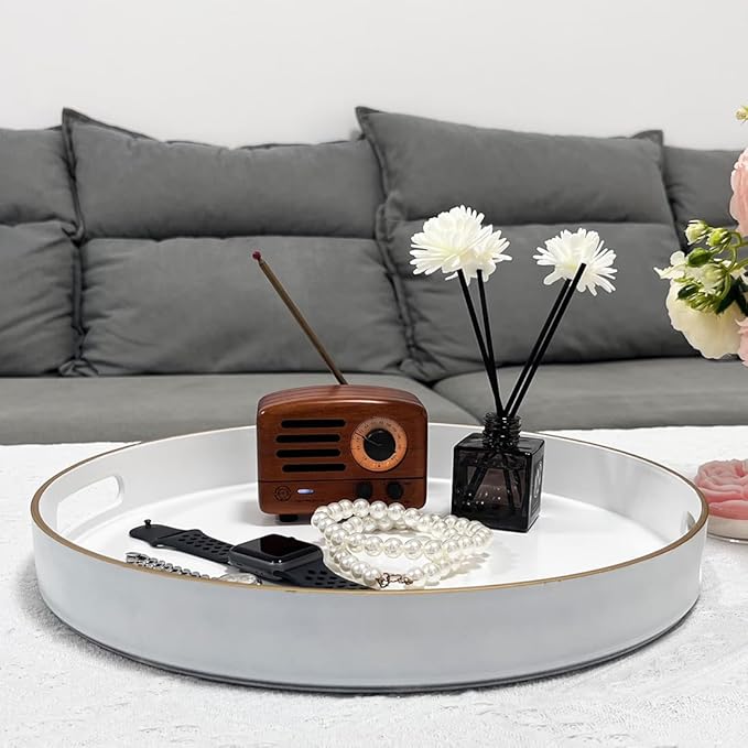 13" Round Decorative Tray, White Serving Tray with Handles, Plastic Coffee Table Tray for Ottoman, Living Room, Bathroom, Décor.-CasaMuseHome