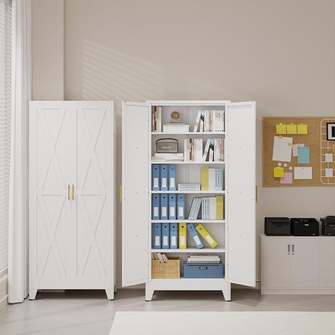 75" Tall Metal Kitchen Pantry Storage Cabinet, Freestanding Cupboard with 2 Doors and 5 Adjustable Shelves, Standing Storage for Kitchen, Bathroom, Garage, Dinning Room or Utility Room(White)-CasaMuseHome