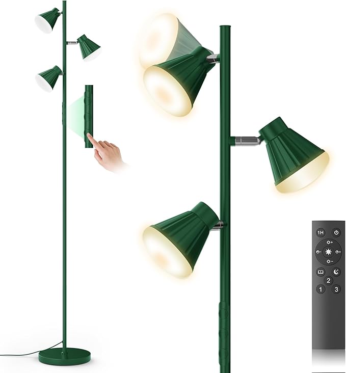 36W LED Tree Floor Lamp, Dimmable Tall Standing Lamp with Remote & Touch Control, 4 Color Temperatures Bright Floor Lamp, 3 Rotatable Light Modern Floor Lamps (Green)-CasaMuseHome