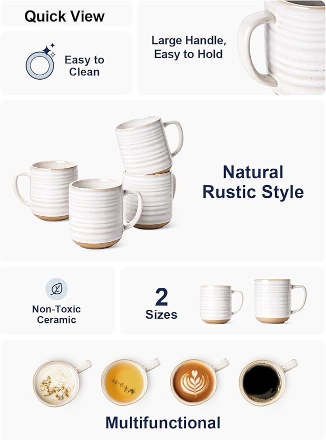 LE TAUCI Coffee Mugs 12 oz, Ceramic Mug Set, Housewarming Wedding Present, Coffee Cups for Latte, Hot Tea, Cappuccino, Mocha, Cocoa - Set of 4, Arctic White-CasaMuseHome