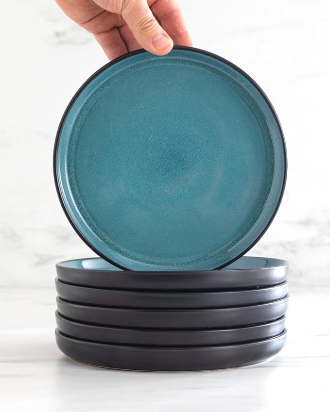 16 Piece Dinnerware Sets for 4 - Modern Style Stoneware Dinnerware Set - Scratch Resistant, Dishwasher Safe Plates and Bowls Sets Ceramic, Dish Set, Bowl and Plate Set - Black and Petrol Blue…-CasaMuseHome