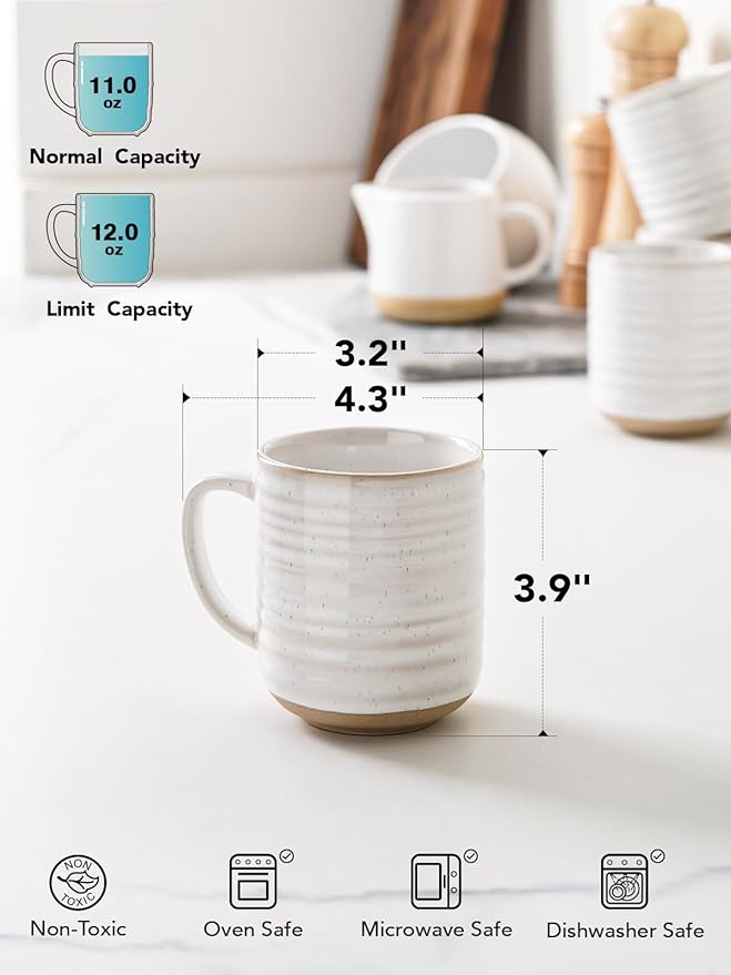 LE TAUCI Coffee Mugs 12 oz, Ceramic Mug Set, Housewarming Wedding Present, Coffee Cups for Latte, Hot Tea, Cappuccino, Mocha, Cocoa - Set of 4, Arctic White-CasaMuseHome