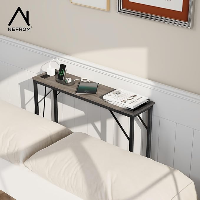 31.5‘’ Console Table, Skinny Entryway Table with Fast-Charging Station, Narrow Long Sofa Table, Behind Slim Couch Table for Entrance, Hallway, Living Room Decor ST-GY80-1-CasaMuseHome