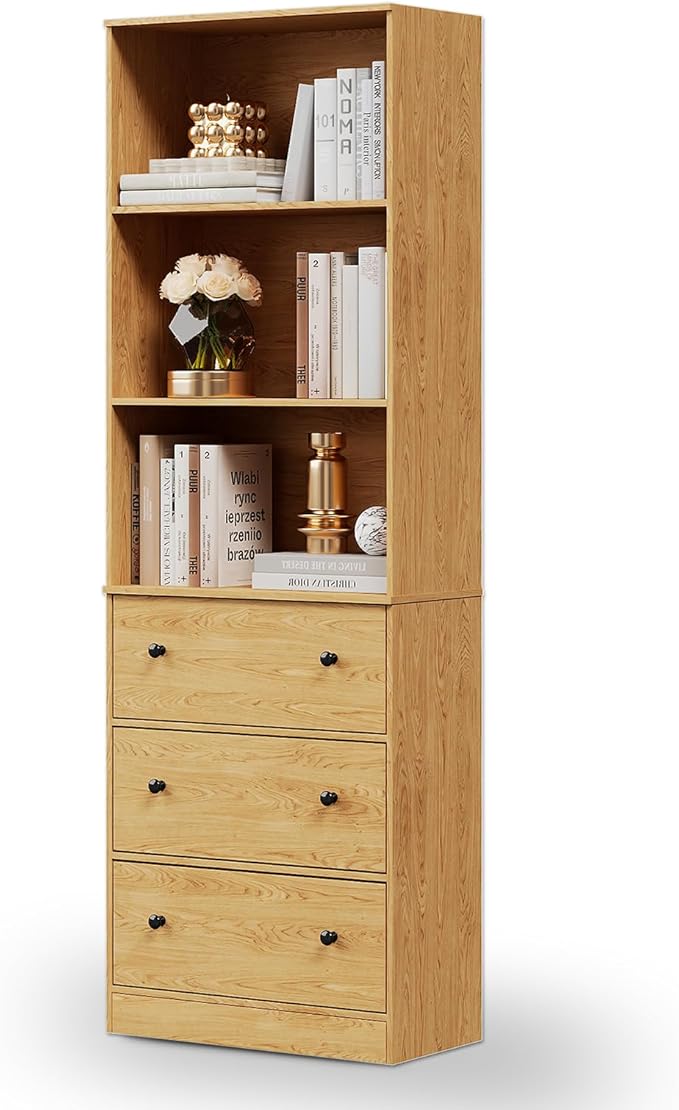 71" Tall Bookshelf with Storage, Bookcase with Drawers, Farmhouse Wooden Corner Book Shelves, Mid Century Modern Book Shelf Wall Standing Home Decor Furniture for Living Room, Bedroom, Office, Kitchen-CasaMuseHome