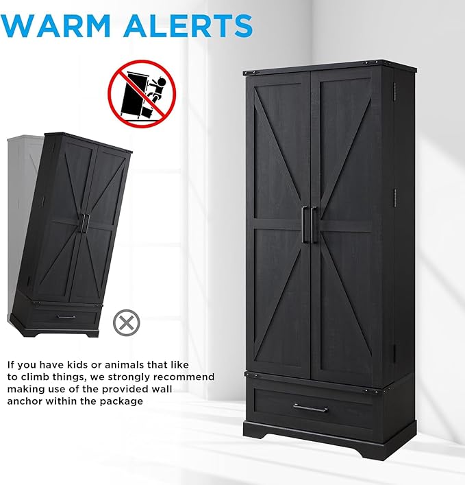 72" Farmhouse Kitchen Pantry Cabinet with Drawer, Tall Storage Cabinet with 2 Barn Doors and Shelves, Versatile Large Rustic Storage for Dining Room, Bathroom, Living Room, Black-CasaMuseHome