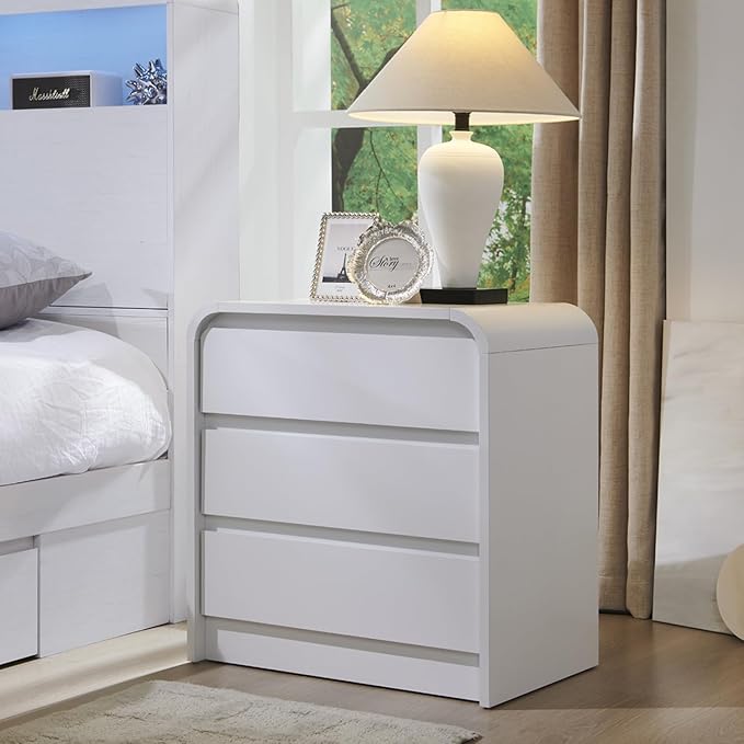 25" Tall Modern Nightstand with Charging Station, 23.6'' Wide Wood Bedside Table w/3 Storage Drawers, Small Dresser w/Curved Profile Design, End Table for Bedroom, White-CasaMuseHome