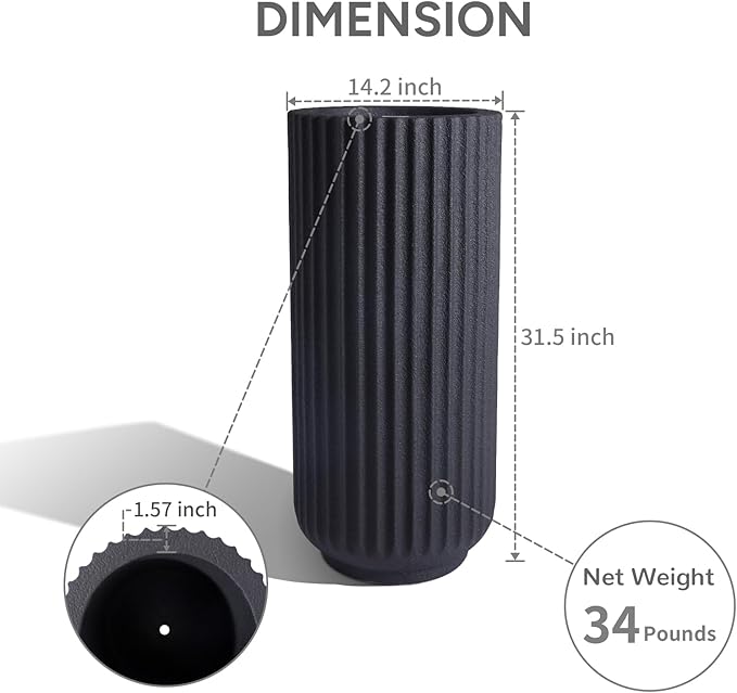 31.5 Inch Tall Roman Column Concrete Planter(14.2Dx31.5H,36 Pounds),Durable All-Weather Use with Drainage Holes,Large Tall Round Planter for Outdoor Indoor Plants-CasaMuseHome