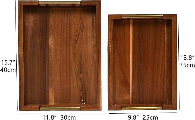 Set of 2 Acacia Wood Serving Trays with Gold Metal Handles for Food Serving, Appetizers & Snacks - Ideal for Bed, TV, Ottoman or Coffee Table Décor, Home Decoration Accessory 15.75x11.8 Inch-CasaMuseHome