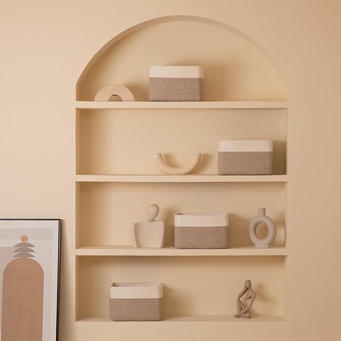 4 Pack Storage Baskets for Organizing, Woven Baskets for Shelves - Perfect for Toys, Books, Towels, and Clothes, Durable Gift Basket Bins Toy Storage, 12.7''Lx9''Wx7.8''H, Brown & White-CasaMuseHome