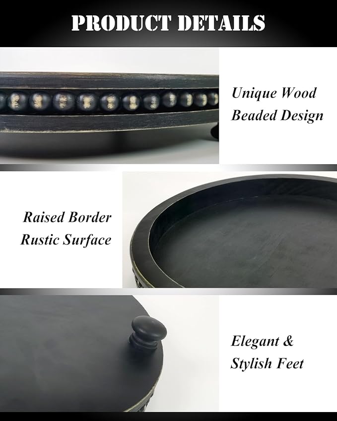 12 Inches Rustic Wooden Decorative Tray, Small Round Beaded Wood Tray for Kitchen Dinning Table Centerpiece Decor Entryway Living Room Home Decor, Black-CasaMuseHome