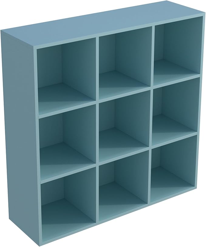 9-Cube Storage Shelf Bookcase - Wooden 3-Tier Floor Standing Open Bookshelf for Home and Office, Display Cabinet, Light Blue-CasaMuseHome