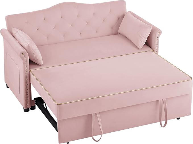 57" Velvet Pull-Out Sofa Bed, 3-in-1 Convertible Loveseat with Gold Trim Strips and Adjustable Backrest, Perfect for Living Rooms, Offices and Apartments (Pink)-CasaMuseHome