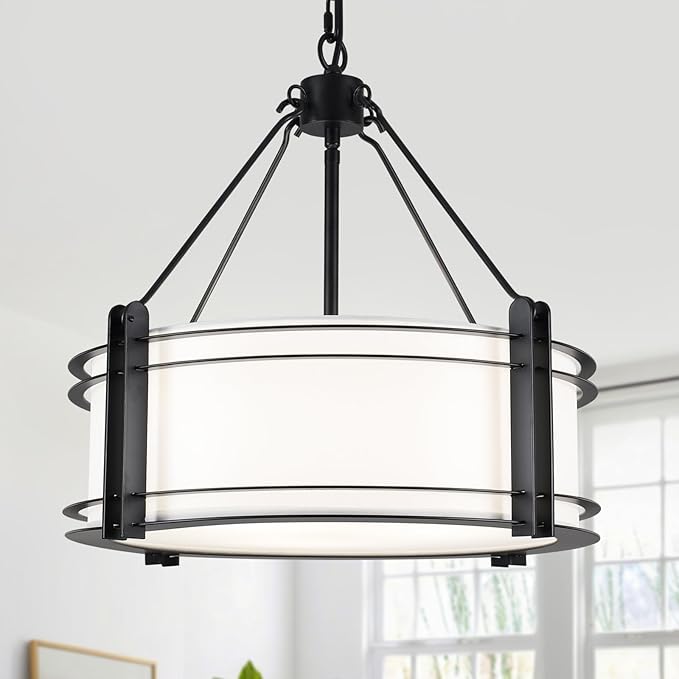 16.3''Black Drum Chandelier 3-Light Modern Farmhouse Chandelier with White Fabric Shade Adjustable Drum Pendant Light Fixture for Dining Room Kitchen Island Hallway Living Bedroom-CasaMuseHome