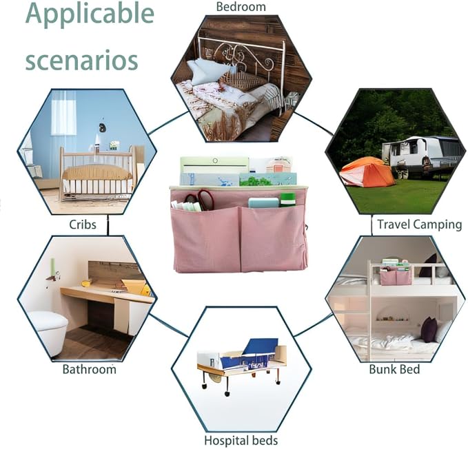 2-Pack Bedside Caddy Bedside Hanging Storage Basket Multi-Function Organizer Caddy for Bunk and Hospital Beds Dorm Rooms Bed Rails, Can be Placed Glasses Books Mobile Phones(2 pcs pink)-CasaMuseHome