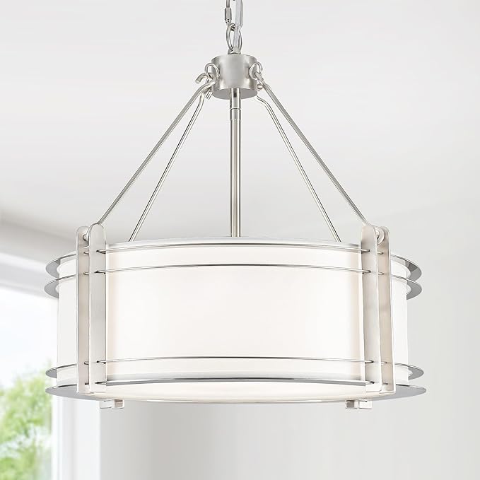 16.3''Drum Chandelier 3-Light Brushed Nickel Modern White Fabric Chandeliers Adjustable Drum Pendant Light for Dining Room Kitchen Island Hallway Living Bedroom-CasaMuseHome