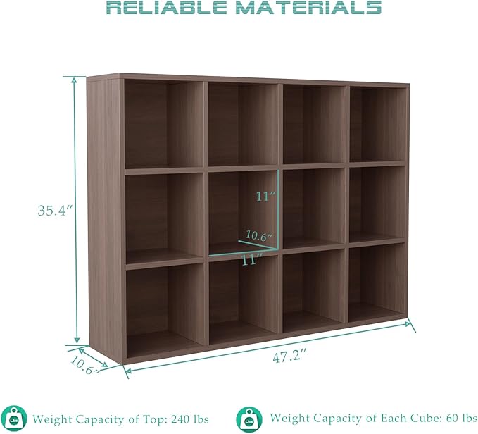 12-Cube Storage Shelf Bookcase - Wooden 3-Tier Floor Standing Open Bookshelf for Home and Office, Cuby Orgainzer, Walnut-CasaMuseHome