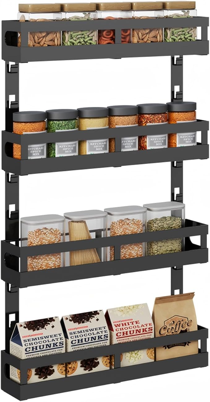 4-Tier Small Wall Mounted Spice Rack Organizer, Hanging Spice Shelf for Cabinet or Pantry, Height-Adjustable Seasoning Holder for Kitchen Storage, Black-CasaMuseHome