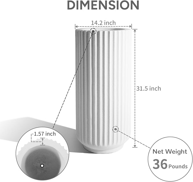 31.5 Inch Tall Roman Column Concrete Planter(14.2Dx31.5H,36 Pounds),Durable All-Weather Use with Drainage Holes,Large Tall Round Planter for Outdoor Indoor Plants-CasaMuseHome