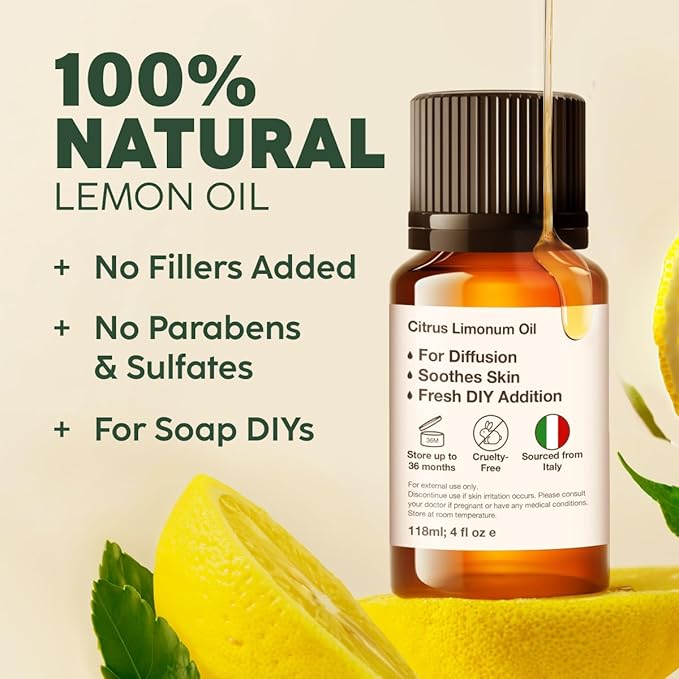 Kukka Lemon Essential Oil for Skin, Diffuser & DIY - 0.34 Fl Oz - 100% Pure Natural, Fresh Lemon Scent, for Cleaning,Aromatherapy,Candles,Soap Making Scent DIY