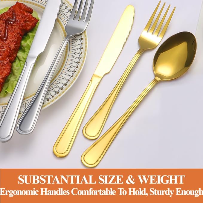 20 Pcs Gold Silverware Set for 4 with Simple Striped Handle Design, Food Grade Stainless Steel Flatware Set, Eating Utensils Sets Include Fork/Knife/Spoon, Cutlery Set, Dishwasher Safe-CasaMuseHome