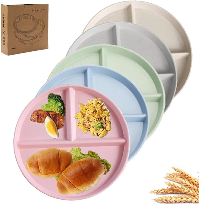 9" Unbreakable Divided Plates Set of 5, Wheat Straw Plate Reusable Dinnerware Portion Control Plates, Round Bariatric Plastic Plate for Kids Adults, BPA-free, Dishwasher Safe-CasaMuseHome