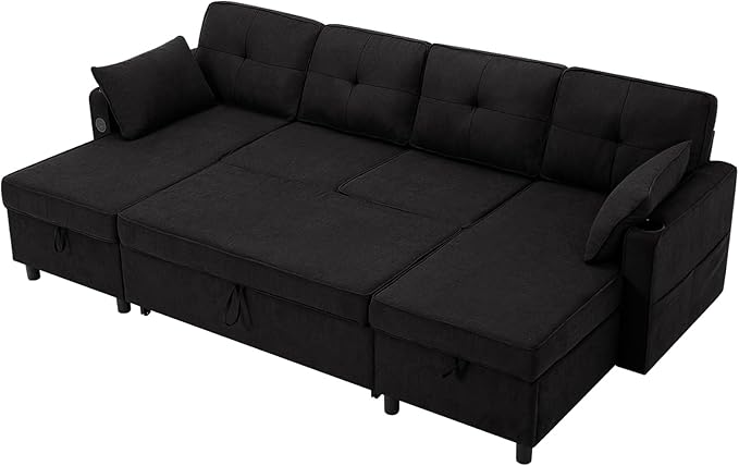 110 Inches Chenille Sectional Sofa w/Pull Out Sofa Bed & Adjustable Back, Tufted U Shaped Couch w/Two Storage Chaises, Sleeper Sectional Sofa w/USB Port & Cup Holders for Living Room, Black-CasaMuseHome