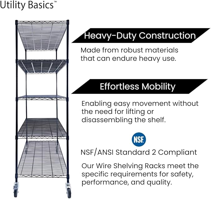 60"x24"x72" Black 5-Tier Premium Metal Wire Shelving NSF 4000 LBS MAX Capacity Heavy Duty Steel Storage Rack for Warehouse, Garage, Hospital, Commercial Space & School w/Premium Wheels-CasaMuseHome