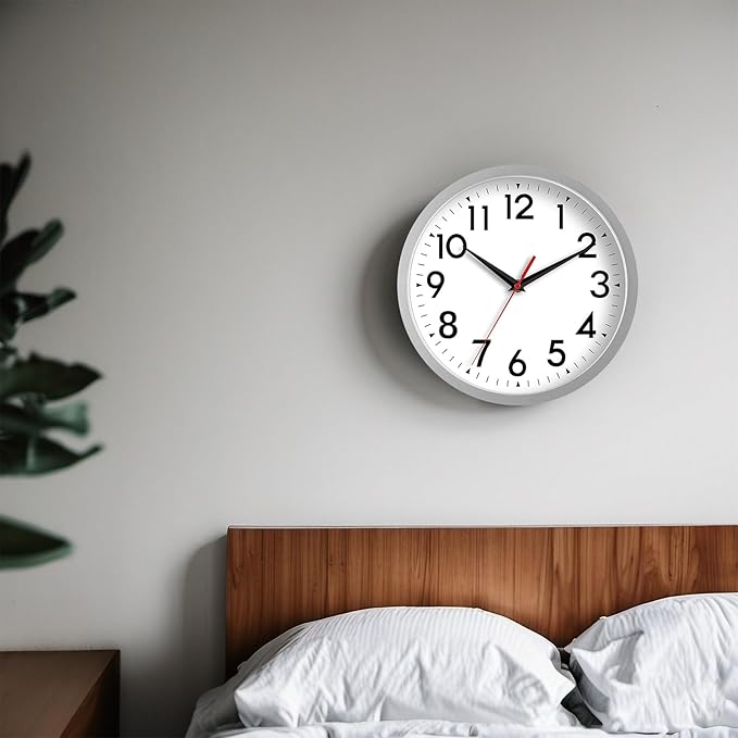 12 Inch Wall Clock Battery Operated Silent Non Ticking Analog Modern Decorative for Office Kitchen Outdoor Living Room Classroom Bedroom Bathroom School(Silver)-CasaMuseHome