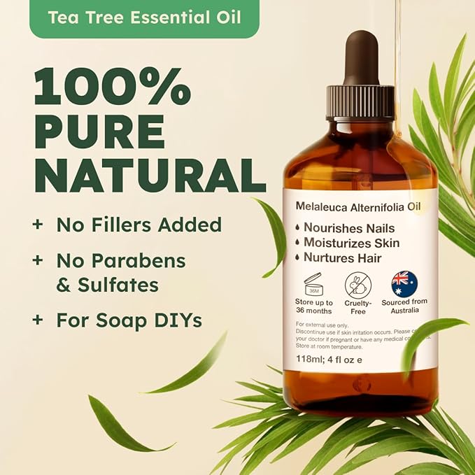KUKKA essential oils 100% Pure & Natural Tea Tree Oil for Skin, Hair, Toenails, Aromatherapy, & Soap Making Scent (4 fl oz/118 ml)