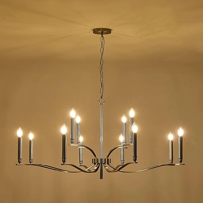 12 Light Nickel Living Room Chandelier High Ceiling Foyer Candle Chandelier Large Modern 44in Metal Chandeliers Hanging Light for Master Bedroom Dining Room Light Fixture Over Table-CasaMuseHome