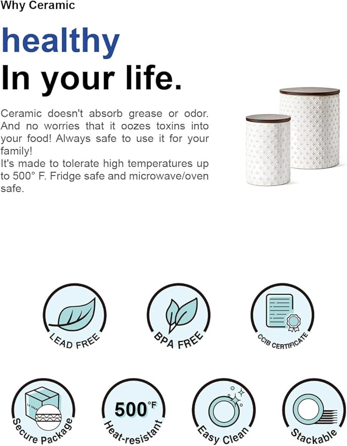 LE TAUCI Food Storage Containers with Airtight Lids, 78/25 oz Ceramic Sugar Canisters Sets, Embossed Large Jars for Pasta, Oats, Coffee Bean, Cookies, Rice, Grains, Tea - Set of 2, Clover-CasaMuseHome