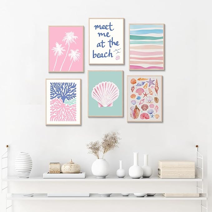 6 Pcs Coastal Beachy Wall Art Tropical Summer Shell Ocean Paintings Prints Posters Trendy Pink Preppy Palm Tree Canvas Wall Decor Aesthetic for Bedroom Living Room Dorm Apartment 8x10inch Unframed-CasaMuseHome