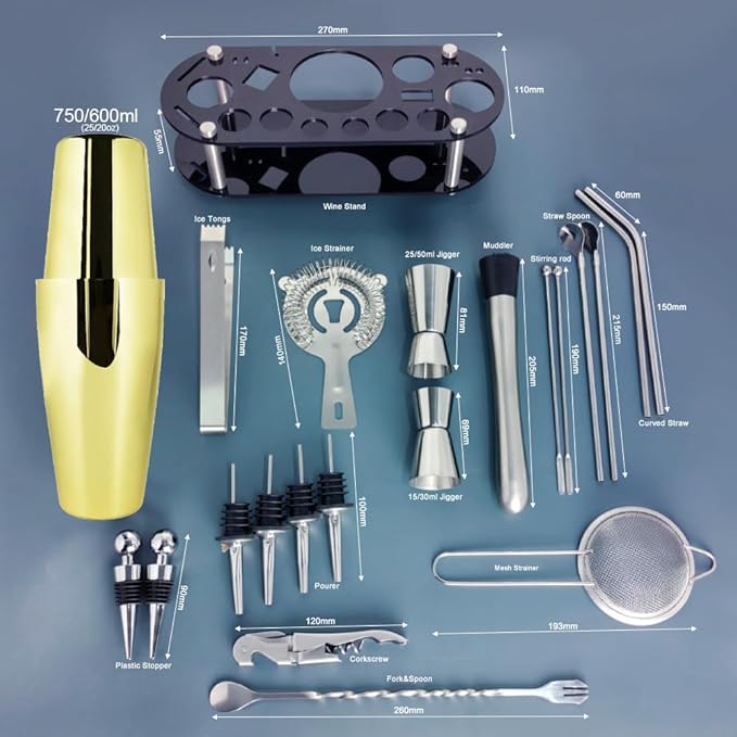 22-Piece Cocktail Shaker Set, 25/20oz Bartender Kit, Bartending Stainless Steel Bar Tools Sets for Drink Mixing, Boston Cocktail Shakers with Stand Recipes Booklet (Rose Copper-25-20oz)-CasaMuseHome