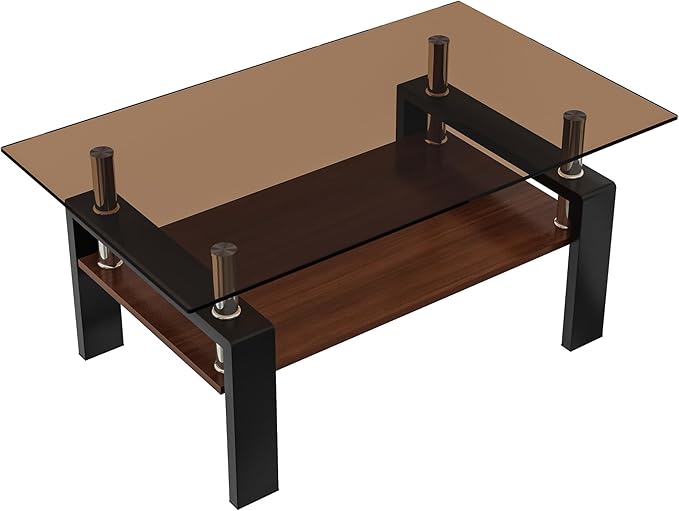 39" Brown Glass Coffee Table Walnut Modern Living Room Center Table Rectangle, with Wooden MDF Storage Layer, Black Metal Leg, for Small Apartment and Office, Brown-CasaMuseHome