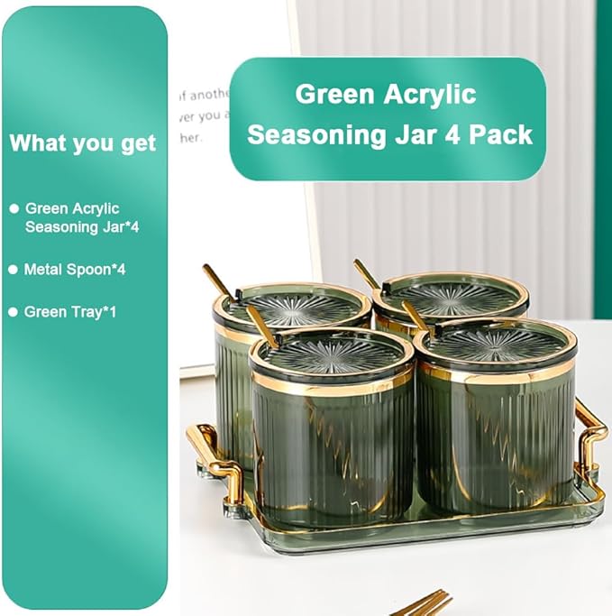 Acrylic Condiment Spice Jars,Condiment Spice Box With Lids and Spoons and Tray,Clear Plastic Condiment Canisters,Seasoning Box 4 Pack,Seasoning Box Set for Kitchen to Storage Salt,Paprika,Sugar-CasaMuseHome