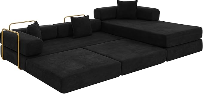 108" Oversized Convertible Sleeper Sofa Bed, Corduroy L Shape Sectional Couch, Folding Sofa Bed with Side Pocket, Modern Cloud Floor Mattress Couch, Modular Sofa for Living Room, Black-CasaMuseHome